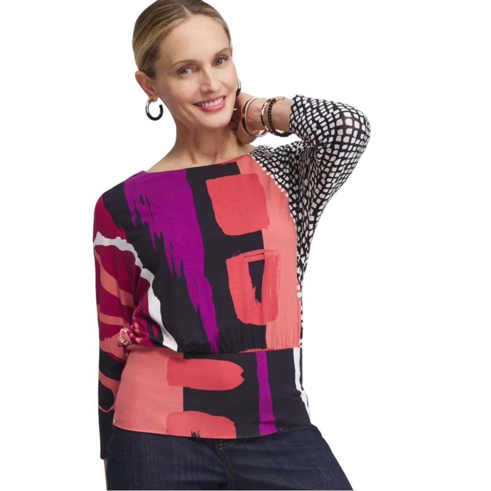 Chico's Touch of Cool Abstract Banded Hem Tee Size 8 Medium EUC Office Resort